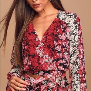 Multi Flower Wrap Long Sleeve Blouse